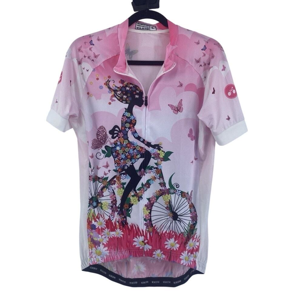 Weimostar Cycling Jersey Breathable Bike Sz L Pink Girl Bike Floral Full Zip
